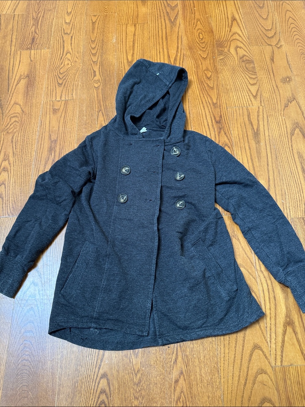 Kids Hooded Double-Breasted Sweater Jacket - Charcoal